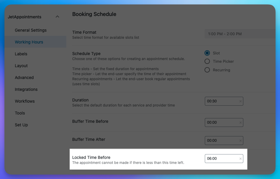 JetAppointment Set lock time before more than 24 hours Locked Time Before limit